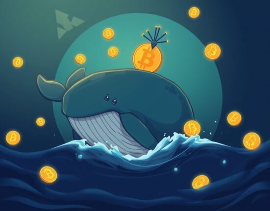 Cartoon illustration of a mysterious Bitcoin whale awakening from a long slumber, symbolizing significant market activity and the return of a dormant investor.