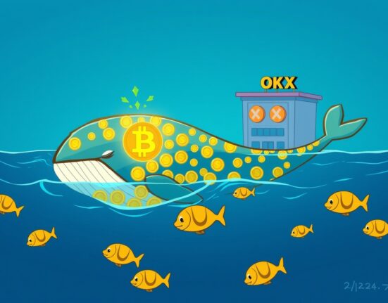 A cartoon Bitcoin whale awakening from a long slumber to move cryptocurrency, symbolizing a major market event.