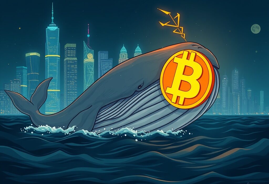A cartoon illustration of a large Bitcoin whale emerging from dormancy, symbolizing the significant on-chain movement of a dormant crypto wallet.