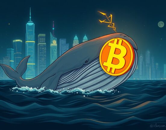 A cartoon illustration of a large Bitcoin whale emerging from dormancy, symbolizing the significant on-chain movement of a dormant crypto wallet.
