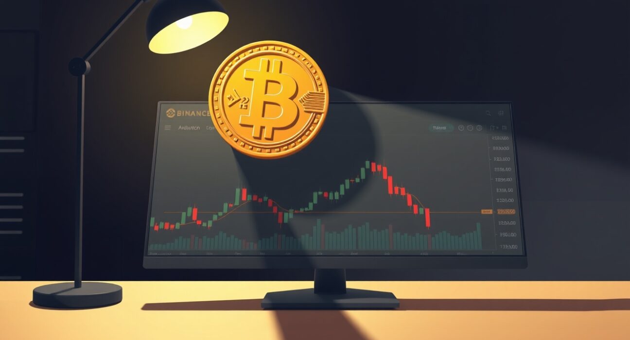 A Bitcoin coin symbolizes a major whale's potential $55.6 million loss on the Binance exchange.