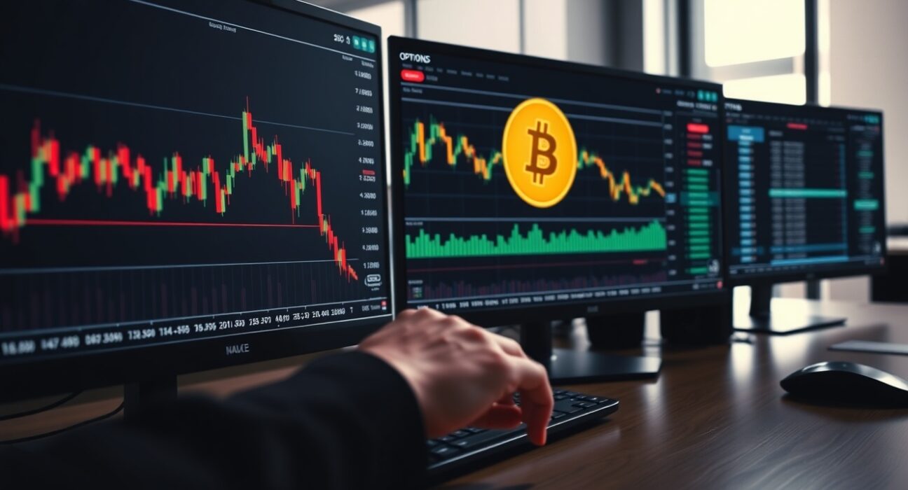 Professional trading desk with Bitcoin price charts and options data showing market analysis.