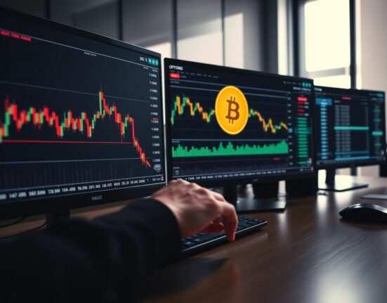 Professional trading desk with Bitcoin price charts and options data showing market analysis.