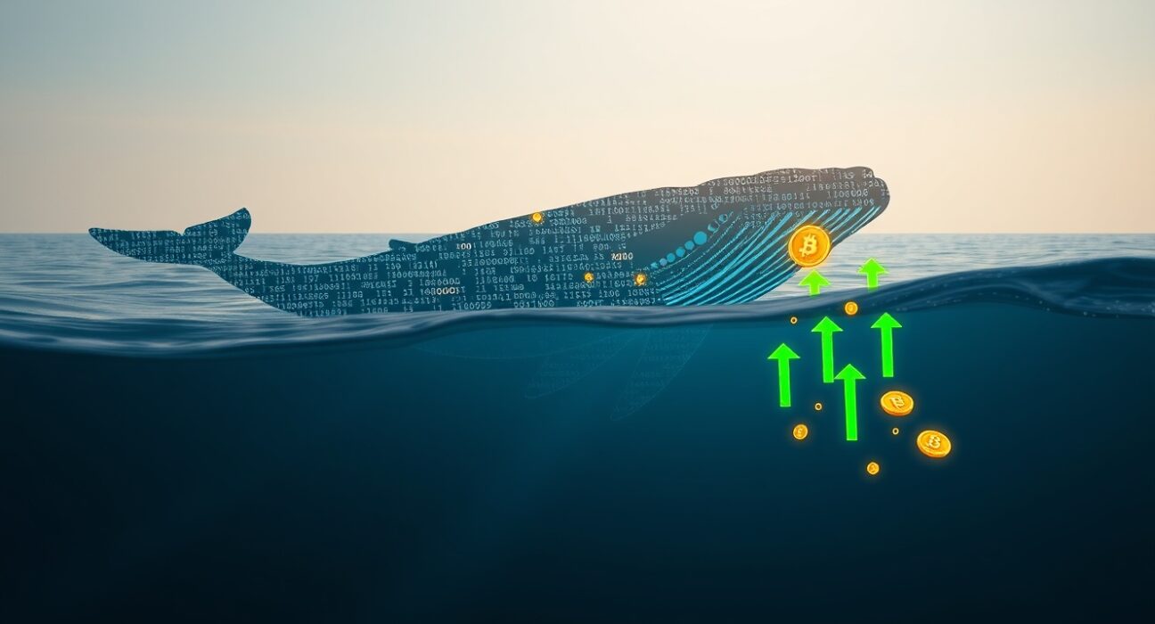 A Bitcoin whale's strategic profit-taking move depicted as a digital whale in the cryptocurrency market.