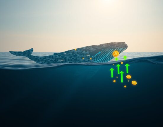 A Bitcoin whale's strategic profit-taking move depicted as a digital whale in the cryptocurrency market.