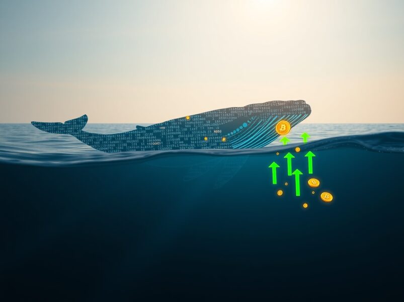 A Bitcoin whale's strategic profit-taking move depicted as a digital whale in the cryptocurrency market.