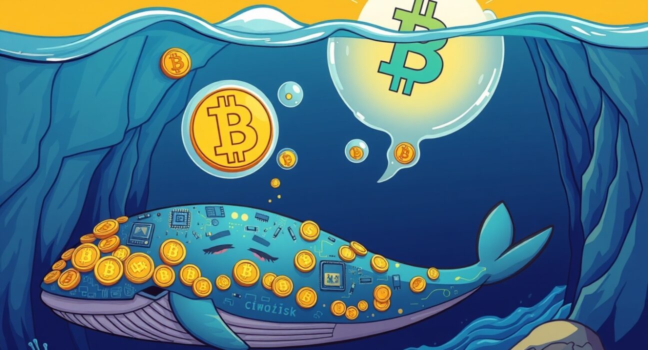 A dormant Bitcoin whale awakens and moves cryptocurrency in a vibrant cartoon ocean scene.