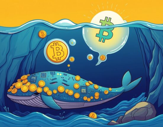A dormant Bitcoin whale awakens and moves cryptocurrency in a vibrant cartoon ocean scene.