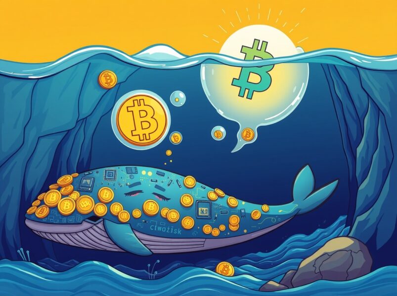 A dormant Bitcoin whale awakens and moves cryptocurrency in a vibrant cartoon ocean scene.