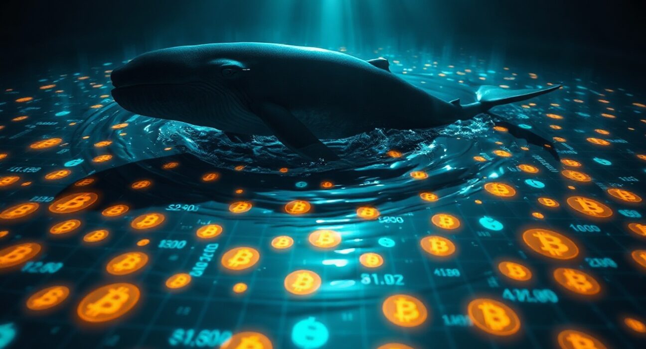 A whale swimming in a digital ocean of Bitcoin symbols and trading charts, representing a large cryptocurrency transfer.