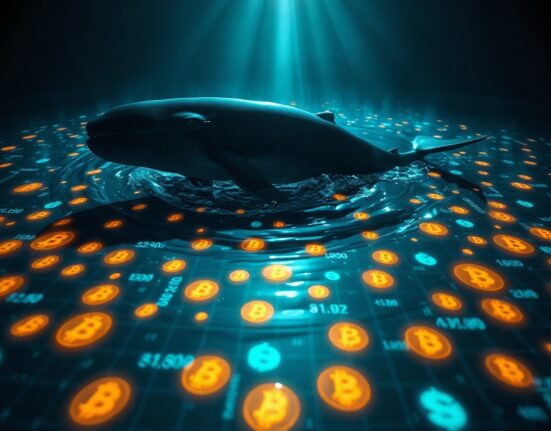 A whale swimming in a digital ocean of Bitcoin symbols and trading charts, representing a large cryptocurrency transfer.