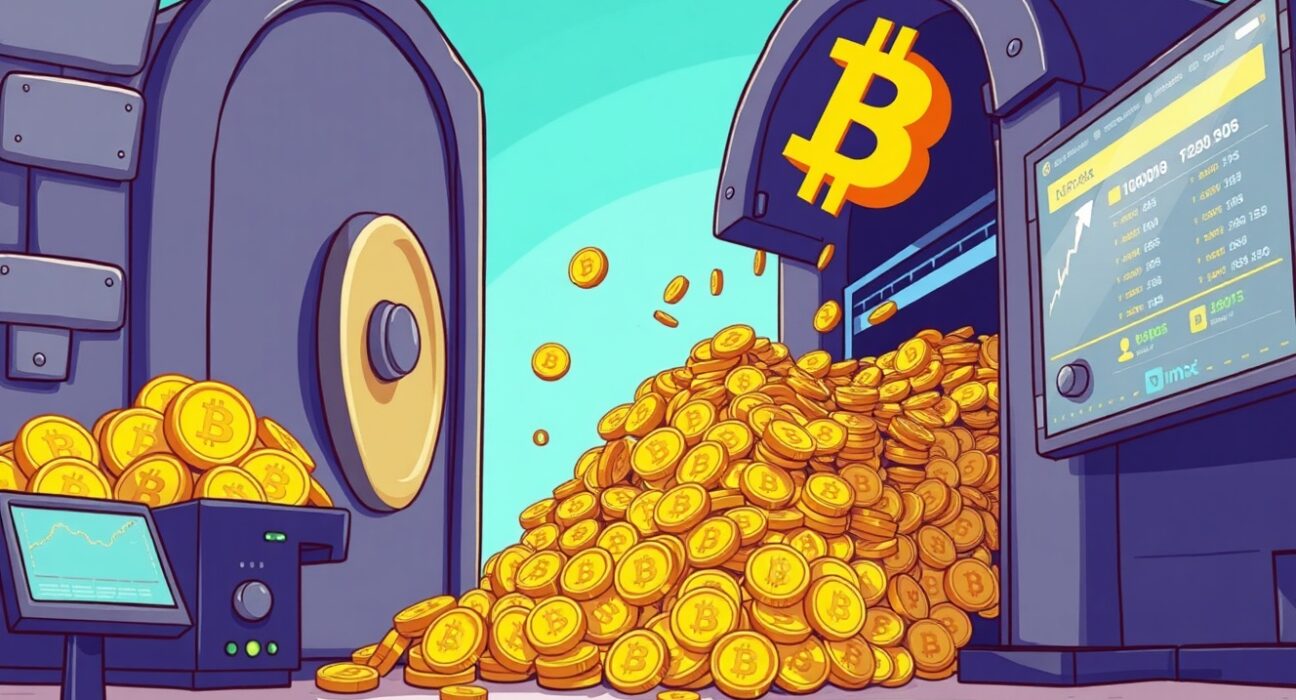 Cartoon showing a substantial Bitcoin whale deposit to an exchange, indicating potential market shifts and investor activity.
