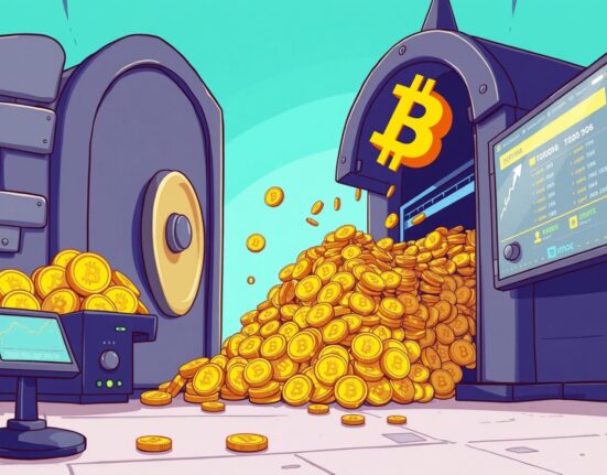 Cartoon showing a substantial Bitcoin whale deposit to an exchange, indicating potential market shifts and investor activity.