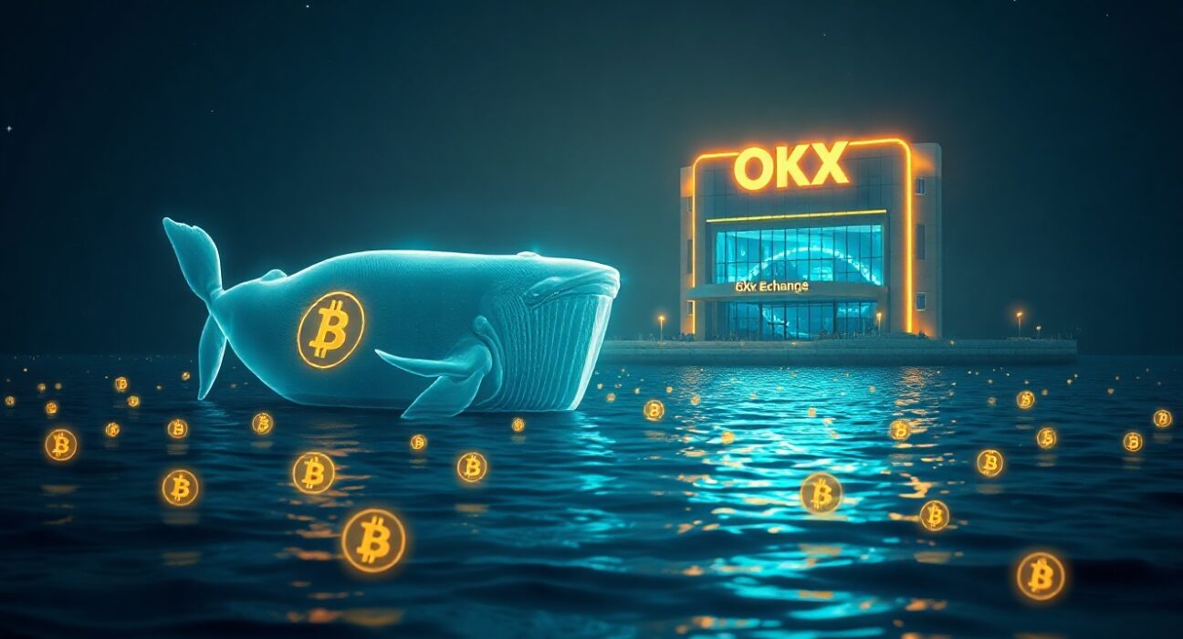 Digital whale swimming towards OKX exchange in a sea of Bitcoin symbols