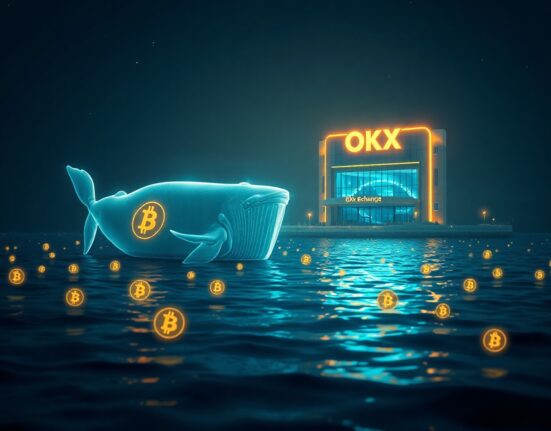 Digital whale swimming towards OKX exchange in a sea of Bitcoin symbols
