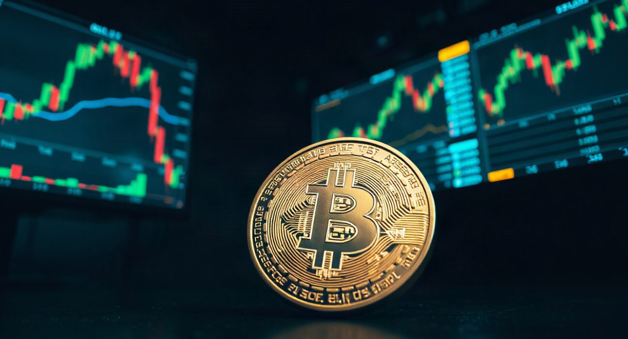 Bitcoin coin in foreground with trading charts in background symbolizing large whale transaction