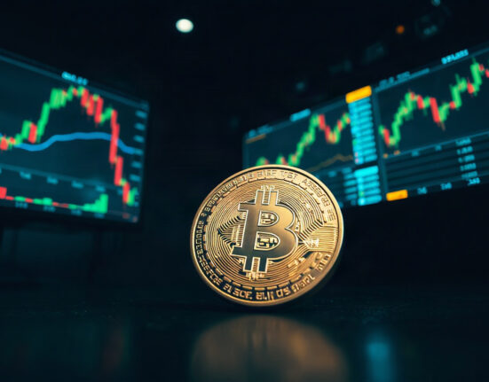 Bitcoin coin in foreground with trading charts in background symbolizing large whale transaction