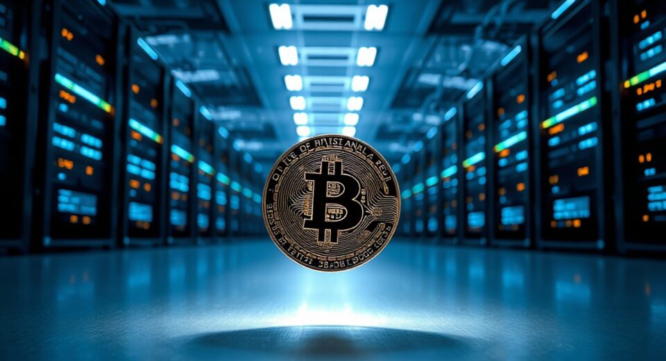 Bitcoin coin in a data center with server racks, representing whale deposits and cryptocurrency trading activity.