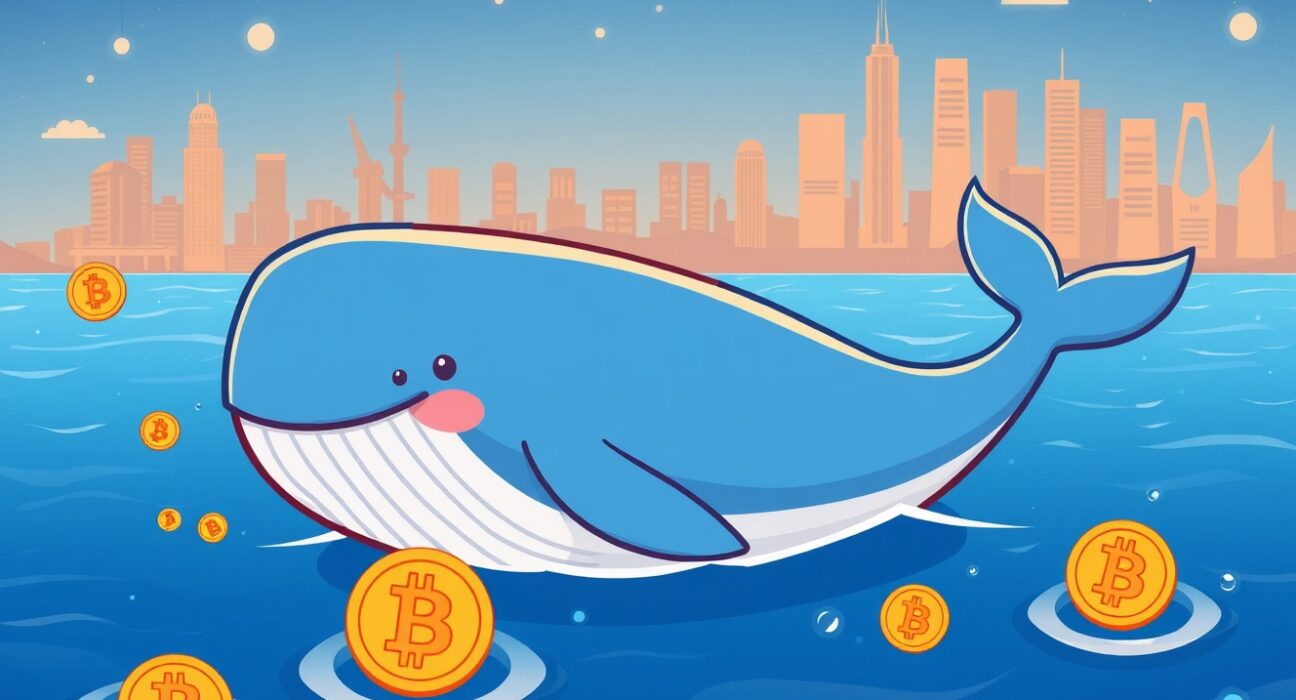 A hopeful cartoon illustration showing reduced Bitcoin whale deposits easing market sell pressure.