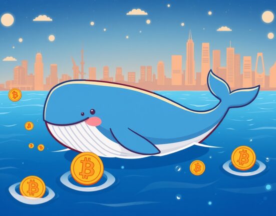 A hopeful cartoon illustration showing reduced Bitcoin whale deposits easing market sell pressure.