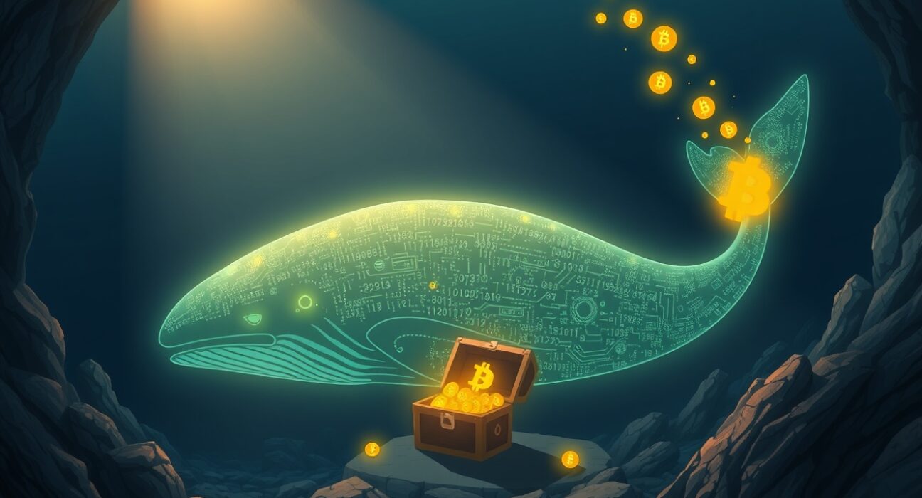 A dormant Bitcoin whale awakens to deposit coins and secure millions in profit, symbolizing major market activity.