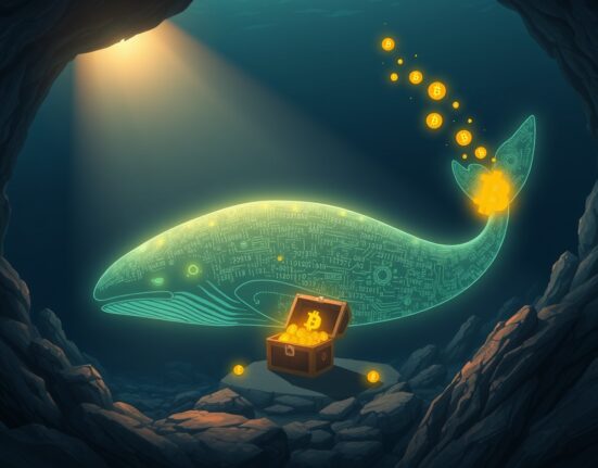 A dormant Bitcoin whale awakens to deposit coins and secure millions in profit, symbolizing major market activity.
