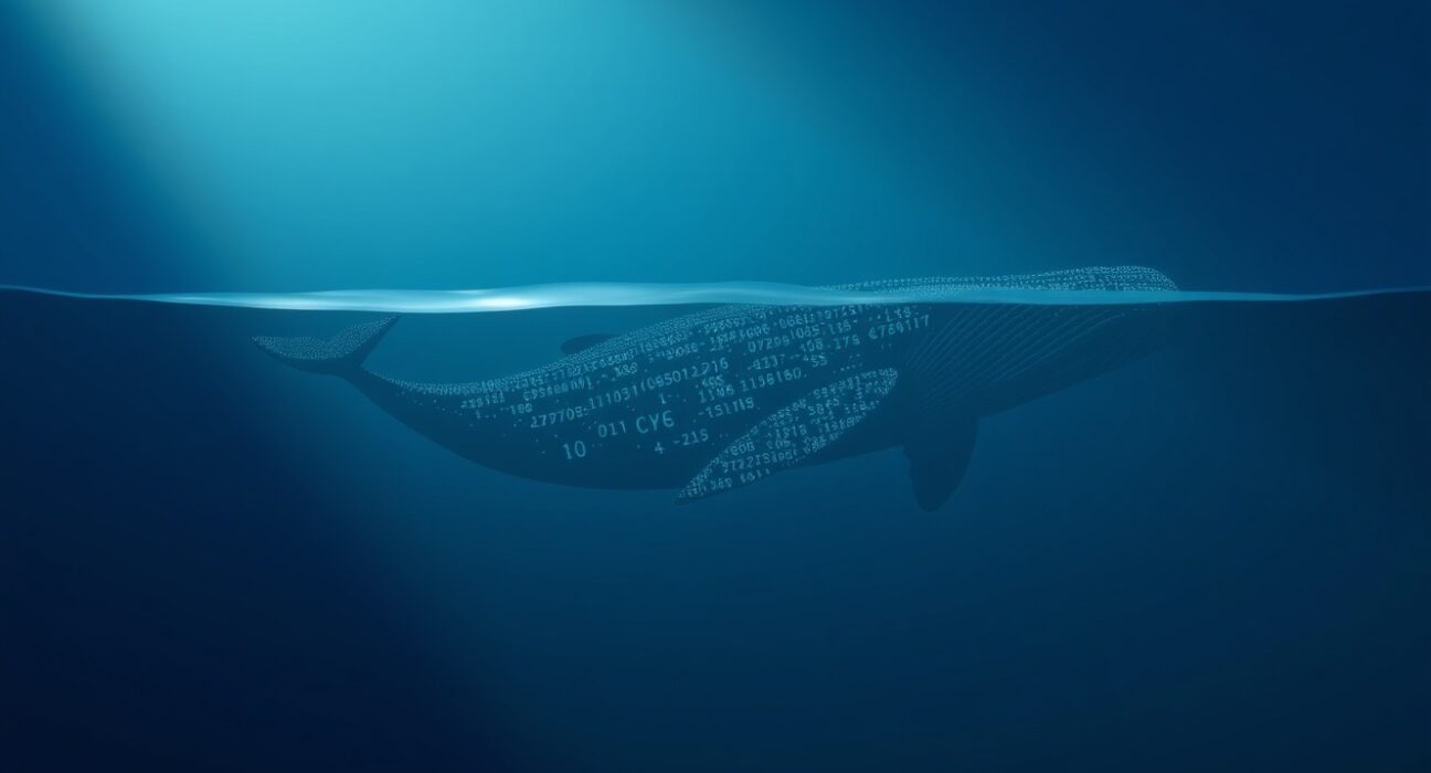 A Bitcoin whale represented as a digital entity moving through the blockchain, symbolizing a massive dormant transaction awakening.