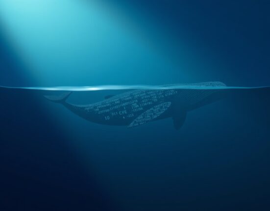 A Bitcoin whale represented as a digital entity moving through the blockchain, symbolizing a massive dormant transaction awakening.