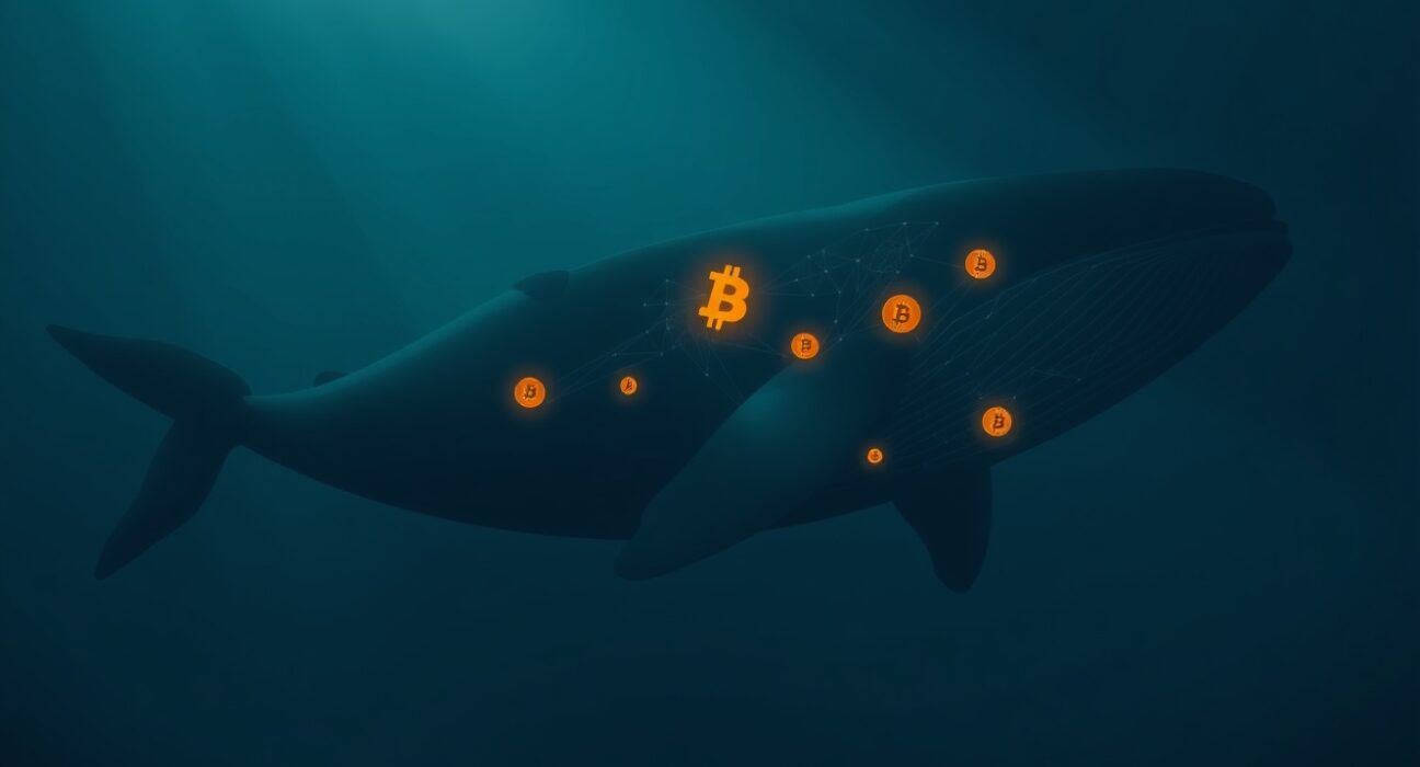 Bitcoin whale emerging from digital ocean depths representing dormant cryptocurrency movement after 14 years