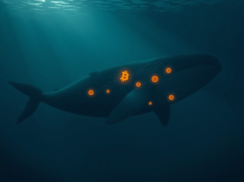 Bitcoin whale emerging from digital ocean depths representing dormant cryptocurrency movement after 14 years