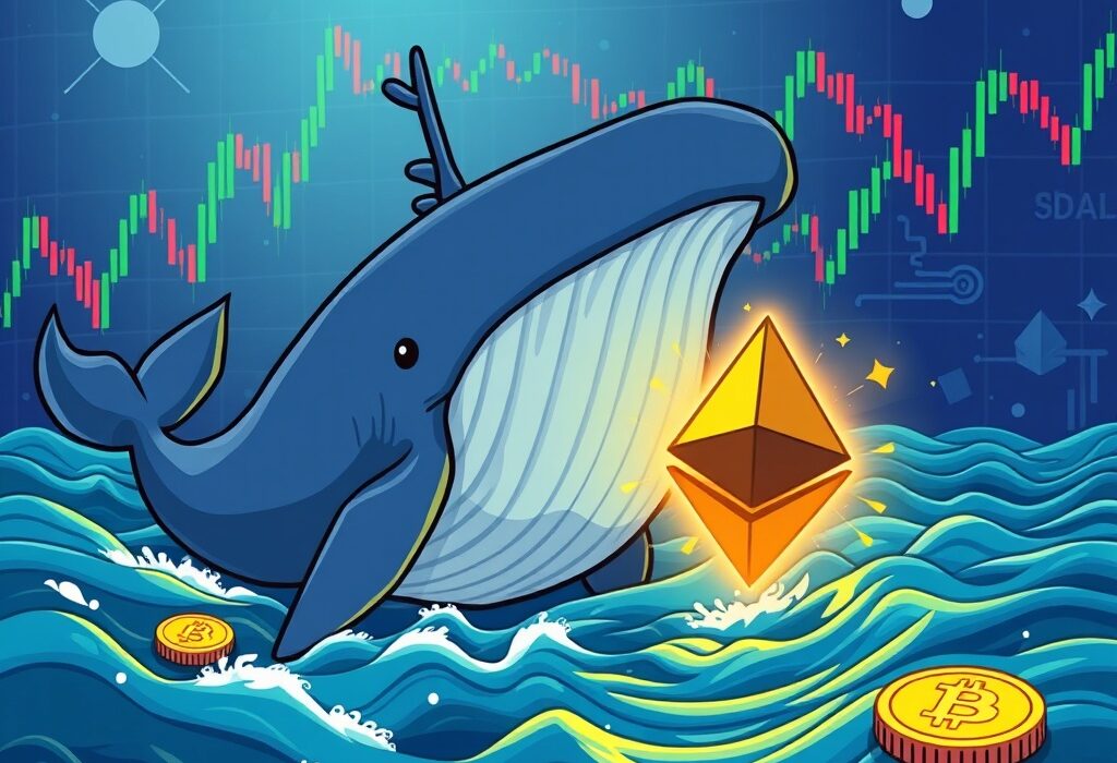 A cartoon Bitcoin whale strategically opening a massive ETH long position on a decentralized exchange, illustrating significant crypto market activity.