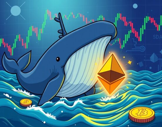 A cartoon Bitcoin whale strategically opening a massive ETH long position on a decentralized exchange, illustrating significant crypto market activity.