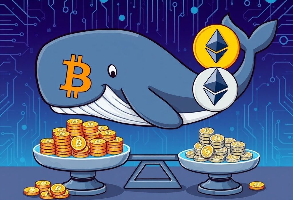 A cartoon illustration showing a Bitcoin whale exchanging Bitcoin for Ethereum, symbolizing a major crypto asset swap.