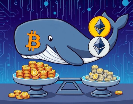 A cartoon illustration showing a Bitcoin whale exchanging Bitcoin for Ethereum, symbolizing a major crypto asset swap.