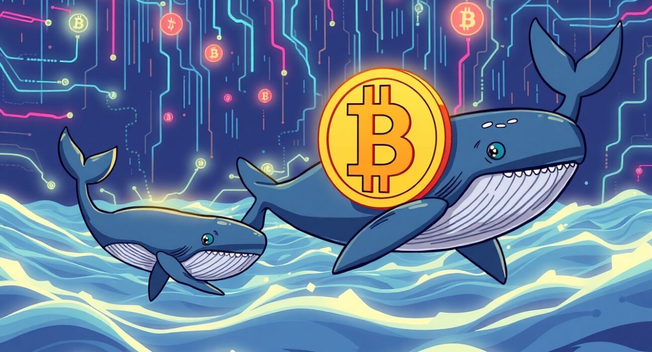A vibrant cartoon of a massive Bitcoin whale moving through digital blockchain streams, symbolizing large-scale cryptocurrency transactions.