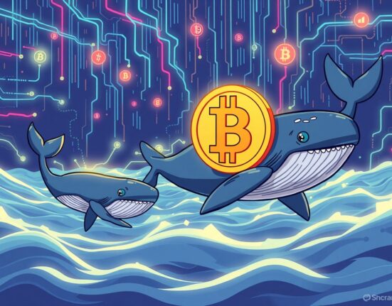 A vibrant cartoon of a massive Bitcoin whale moving through digital blockchain streams, symbolizing large-scale cryptocurrency transactions.