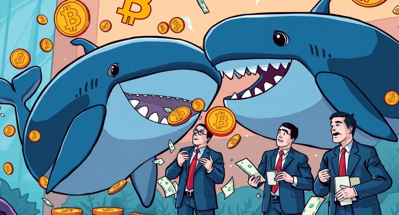 Bitcoin whale hand-over between cartoon whales and institutional investors in vibrant financial scene