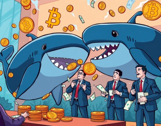 Bitcoin whale hand-over between cartoon whales and institutional investors in vibrant financial scene