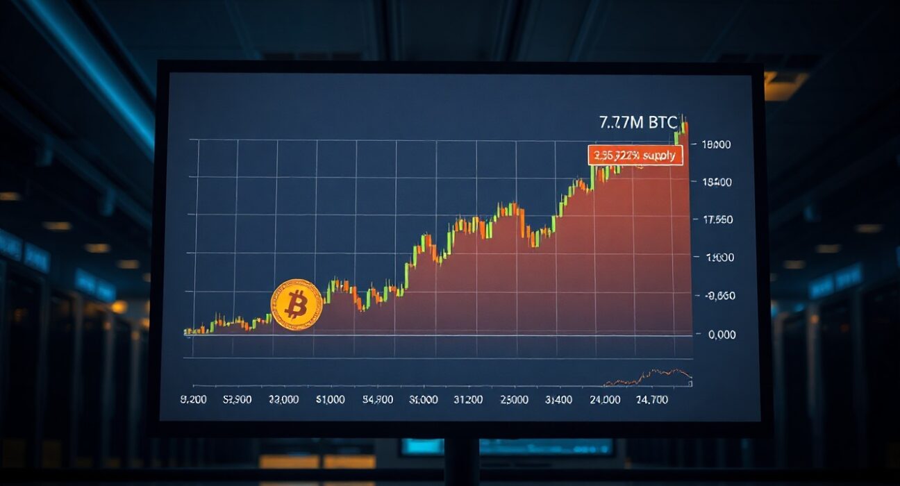 Bitcoin chart showing whale wallets holding 7.17 million BTC on a digital display in a data center.