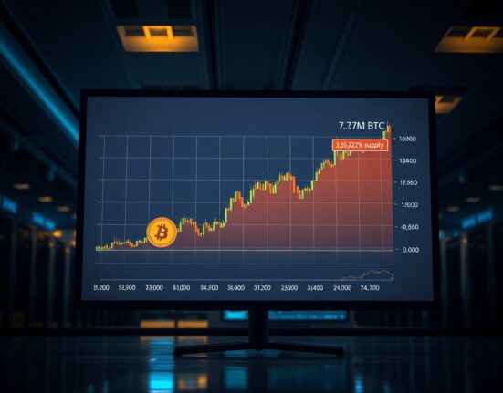 Bitcoin chart showing whale wallets holding 7.17 million BTC on a digital display in a data center.
