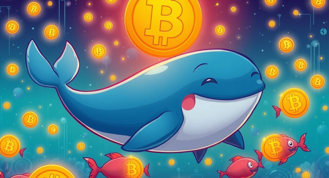 Bitcoin whale holdings represented by giant whale swimming through digital currency ocean