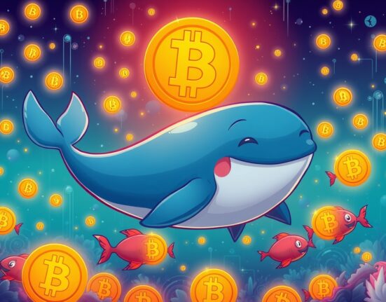 Bitcoin whale holdings represented by giant whale swimming through digital currency ocean