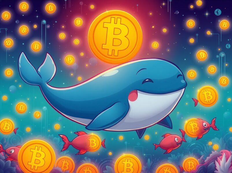 Bitcoin whale holdings represented by giant whale swimming through digital currency ocean