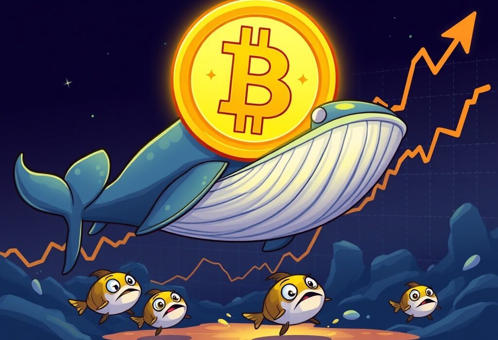 A cartoon whale holding Bitcoin, symbolizing significant Bitcoin whale holdings influencing market trends and a potential cycle top.