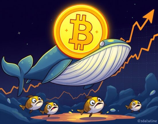 A cartoon whale holding Bitcoin, symbolizing significant Bitcoin whale holdings influencing market trends and a potential cycle top.