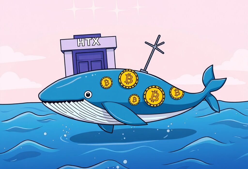 A cartoon illustration of a large Bitcoin whale transferring BTC to the HTX exchange, symbolizing a significant crypto transaction.