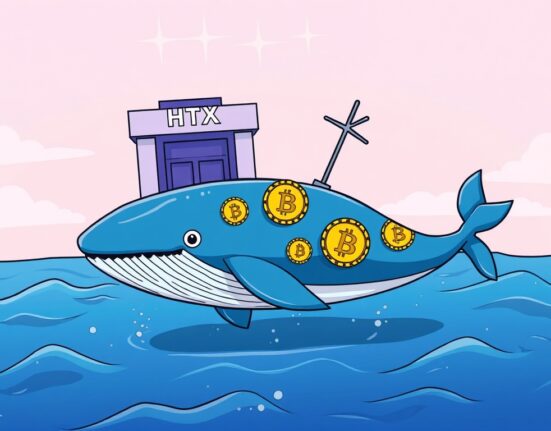A cartoon illustration of a large Bitcoin whale transferring BTC to the HTX exchange, symbolizing a significant crypto transaction.