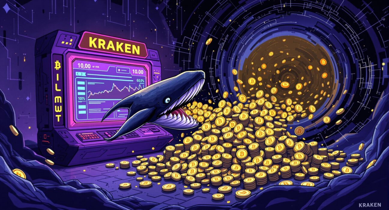 A cartoon illustration depicting a massive Bitcoin whale transfer, symbolizing the movement of 4,166 BTC from Kraken to an unknown wallet.