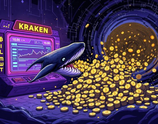 A cartoon illustration depicting a massive Bitcoin whale transfer, symbolizing the movement of 4,166 BTC from Kraken to an unknown wallet.