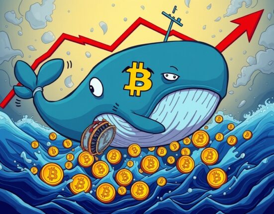 Cartoon illustration depicting a distressed Bitcoin Whale amidst falling digital assets, symbolizing a major Bitcoin Whale liquidation event.
